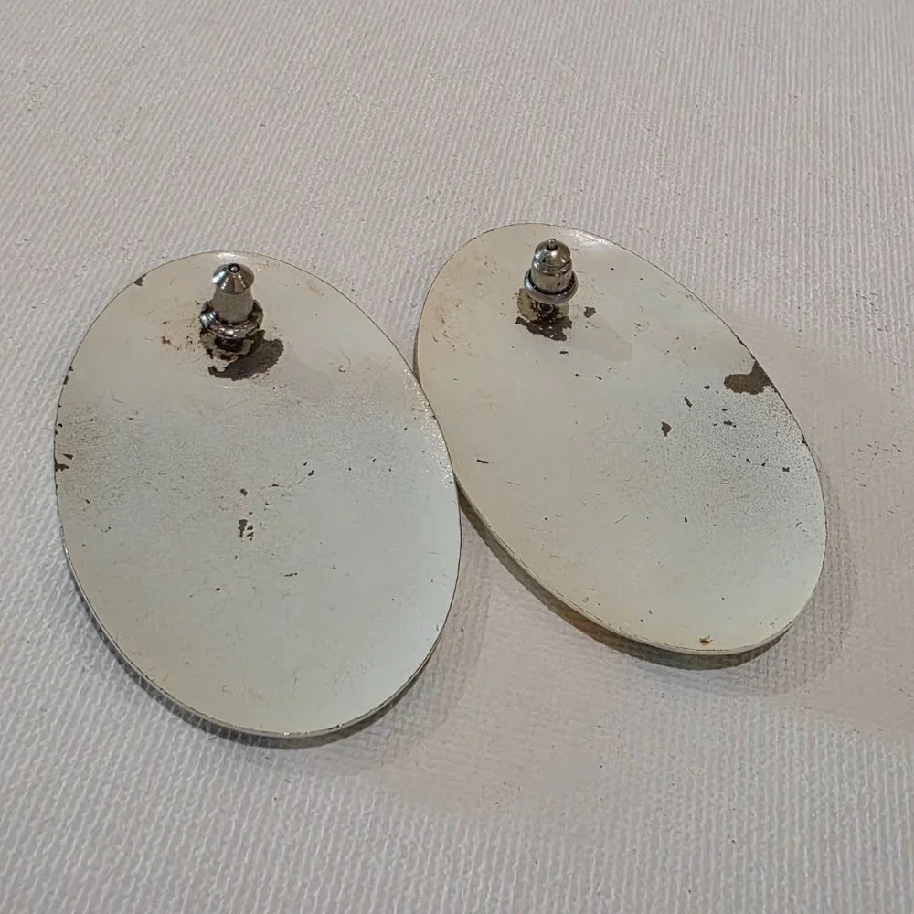 Vintage Boho Chic Tribal Metal Oval White Black Green and Yellow Stripe Earrings